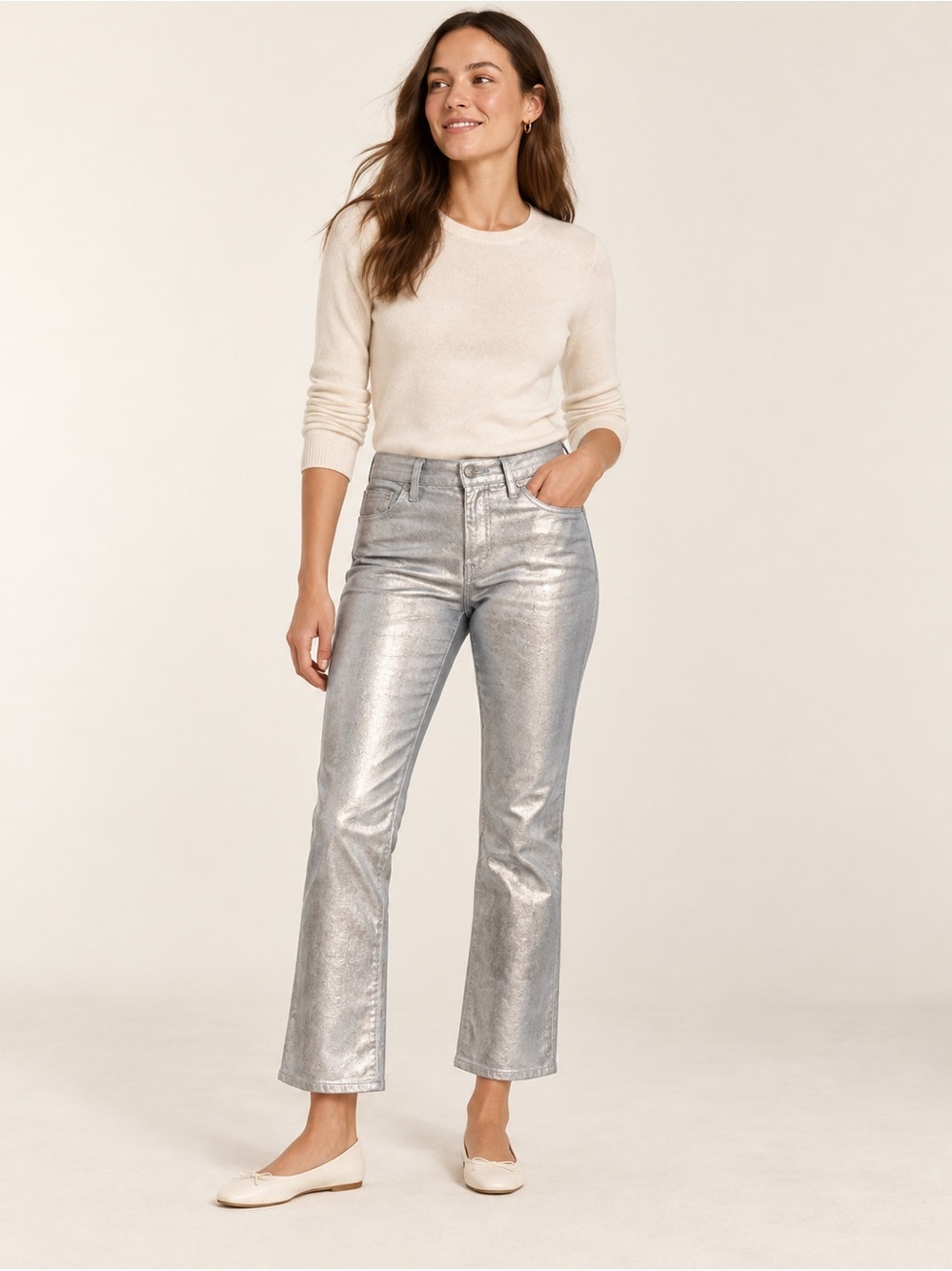 J. Crew Slim demi-boot jean in coated silver Sz 29